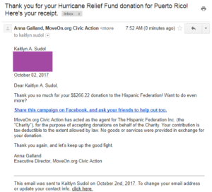 Hurricane Relief donationof $266.22