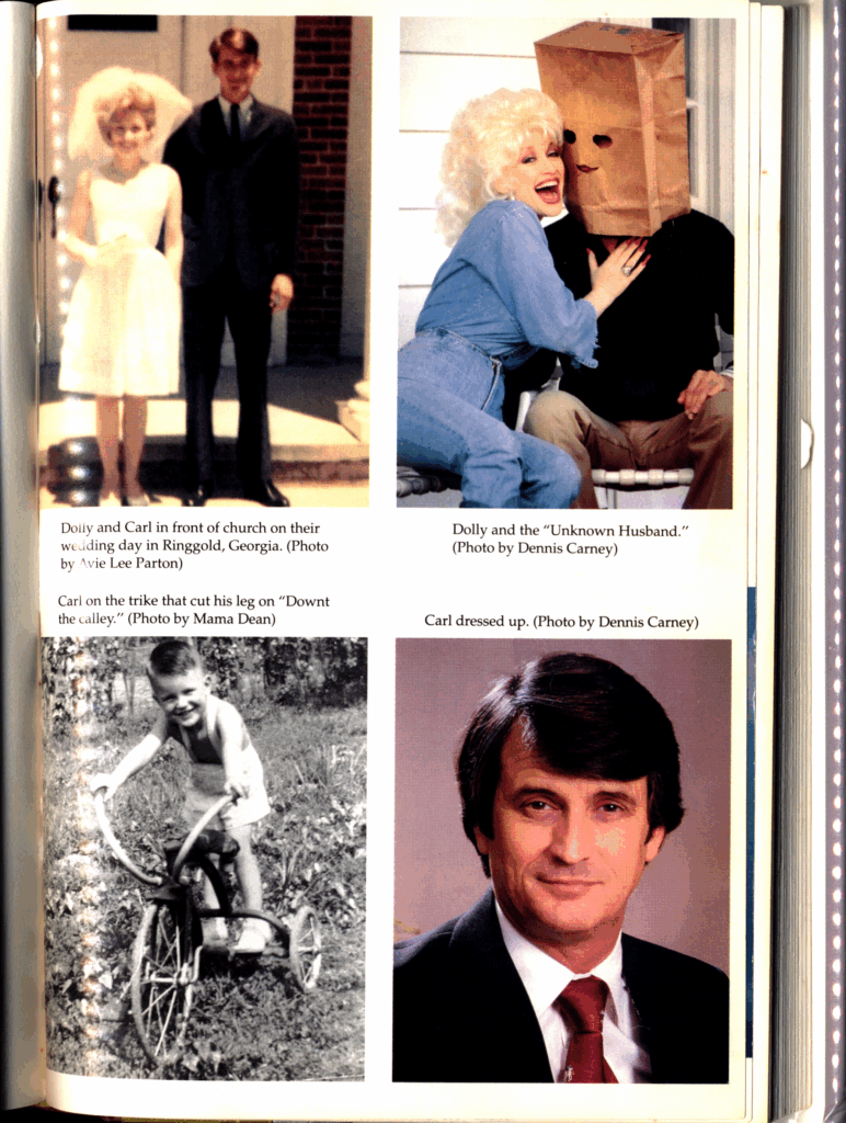 Photo inset from Dolly: My Life and Other Unfinished Business including Dolly's blurry wedding photo and a glamour shot of her mid husband Carl Dean